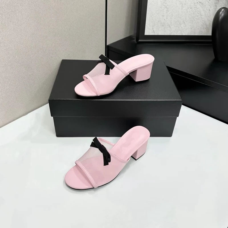 High Quality 2026 Summer Women Slippers New Mesh Upper Bow Decoration Concise Breathable Open-toed Women High-Heeled Slippers