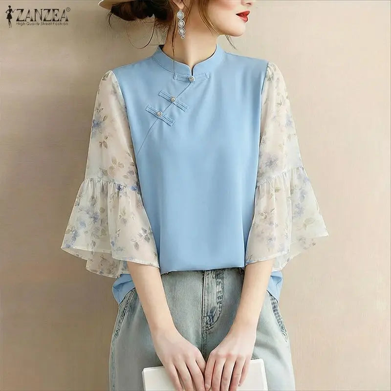 ZANZEA Woman Elegant Blouses Vintage Mandarin Collar Floral Printed 3/4 Flare Sleeve Tunic Tops Summer Patchwork Blusas de Mujer