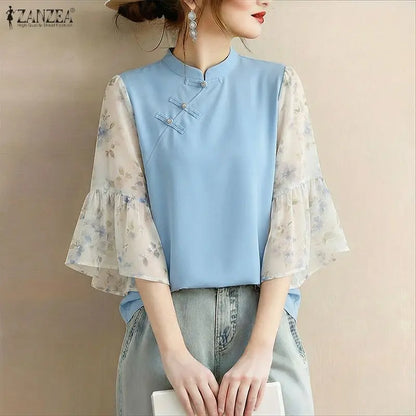 ZANZEA Woman Elegant Blouses Vintage Mandarin Collar Floral Printed 3/4 Flare Sleeve Tunic Tops Summer Patchwork Blusas de Mujer