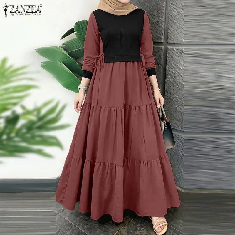 ZANZEA Fashion Women Patchwork Muslim Abaya Dress O Neck Long Sleeve Pleated Sundress Ramadan Robe Casual Maxi Dresses Kaftan