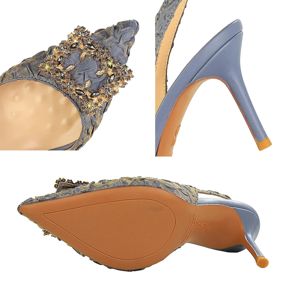 Luxury High Heels Women Shoes Summer Sandals Metal Rhinestone Square Buckle Women Pumps Stiletto Pleated Silk Women Sandals