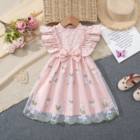 Bellbell Summer Infant Baby Girls Dress Floral Printed Toddler Girls Princess Dresses Fly Sleeve 2-6Yrs Little Girl Mesh Dresses