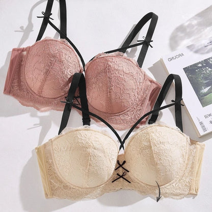 Half Cup Hot Bra for women Gathered Bowknot Brassiere Large Size Push Up Lace Tube Top Lace Big Chest Revealing Small Lace Bra