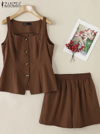 2025 ZANZEA Summer Elegant Sleeveless Vests Tops Shorts Sets Women 2PCS Holiday Outfits Stylish Solid Tracksuits Two Pieces Set