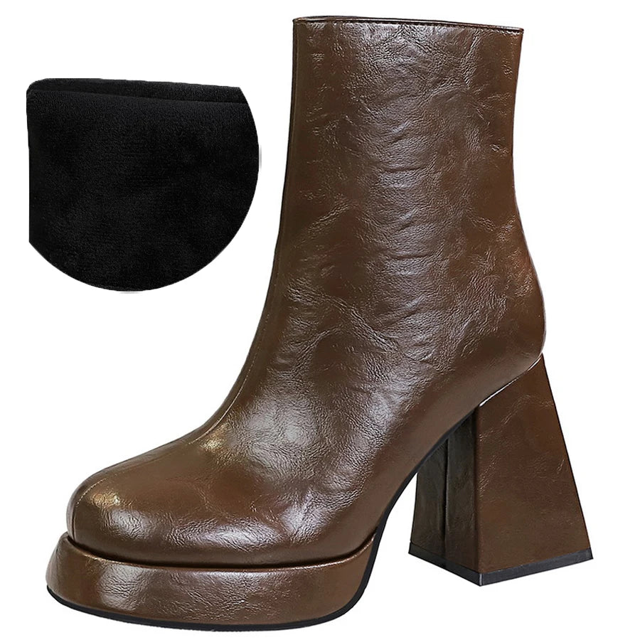 Platform Boots Women Shoes Side Zipper Leather Boots Thick Heel Ladies Ankle Boots Fashion High Heel Boots Autumn Winter Shoes