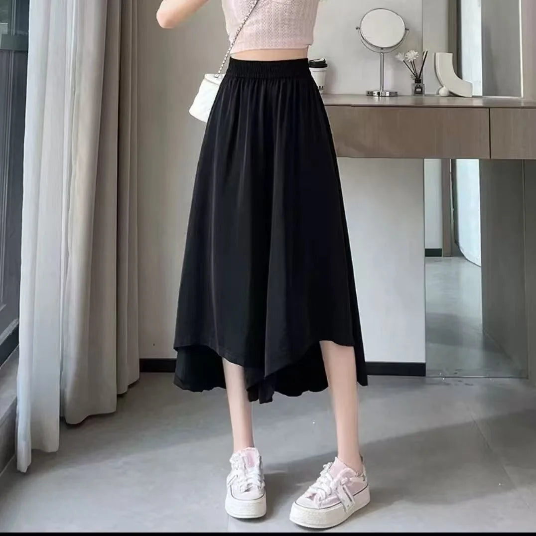 Summer New Style Thin Loose Wide Leg Seven-Quarter Skirt for plus Size Women Casual High Waist Pants Skirt Asymmetrical