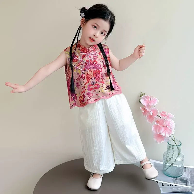 Fashion Chinese Tops Pants Girl Suit Casual Costume Kids Clothes Baby Outfit Summer Two-piece Set Girls Hanfu Children's Sets