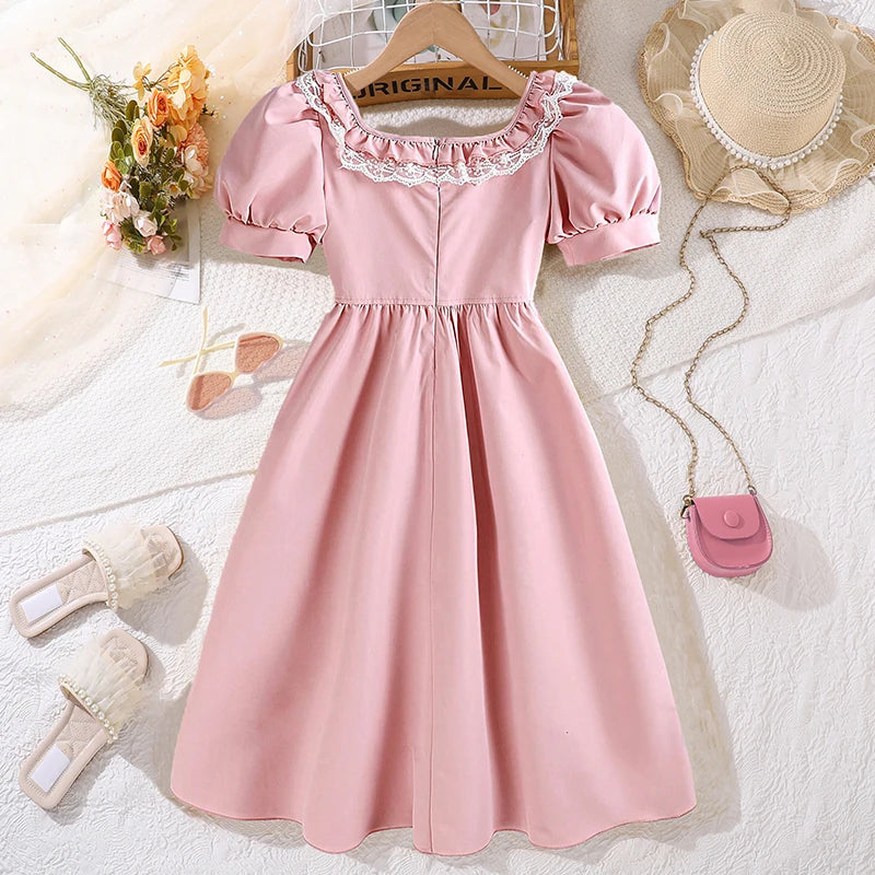 Sweet Elegant Pink Long Skirt Dress for 8-12 Year Old Girls Summer Square Collar Bubble Sleeve Lace Princess Party Gown