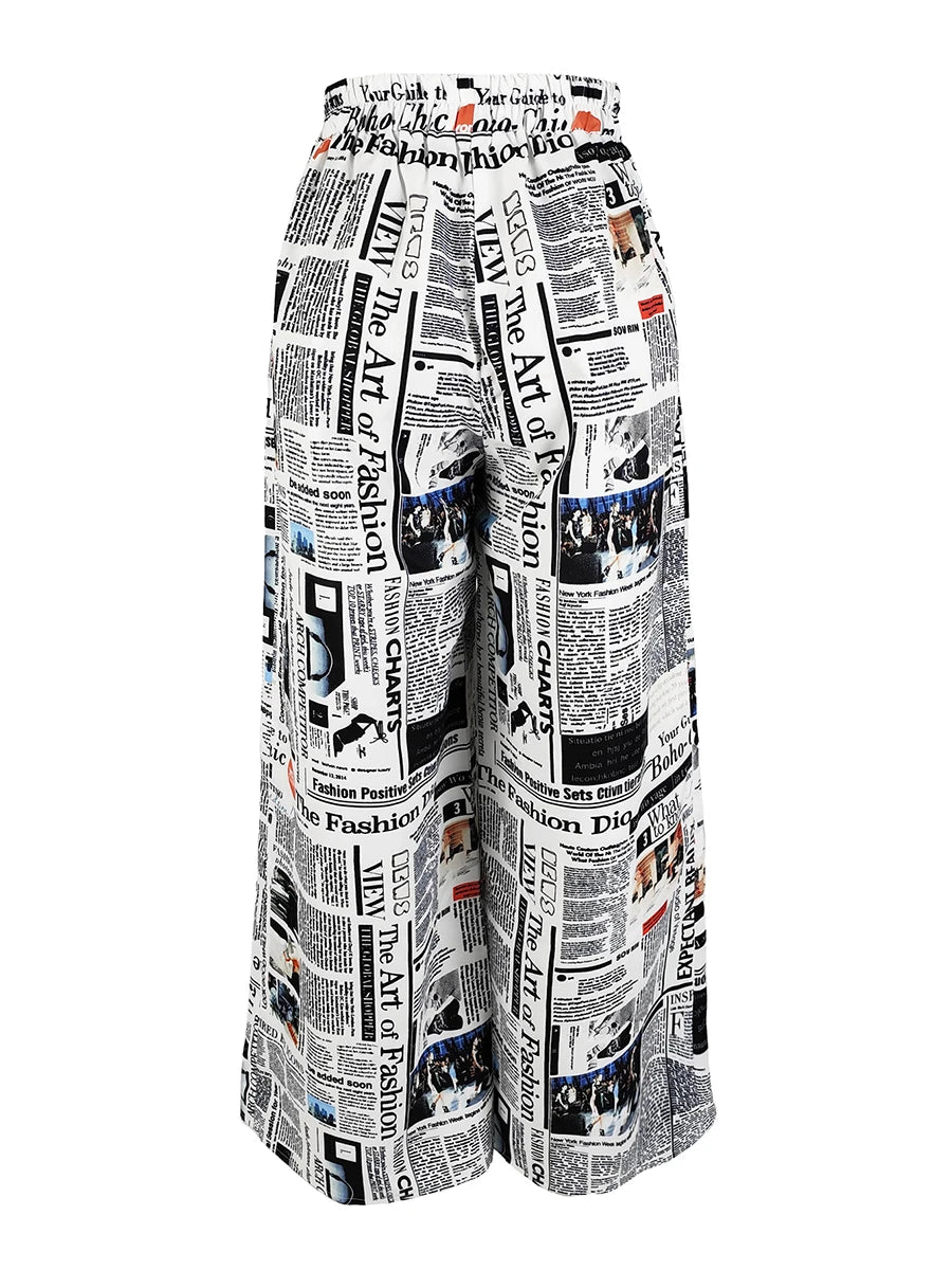 Women Vintage Newspaper Print Wide Leg Pants High Waist Lace Up Loose Casual Trousers Fashion Streetwear Baggy Pants Female