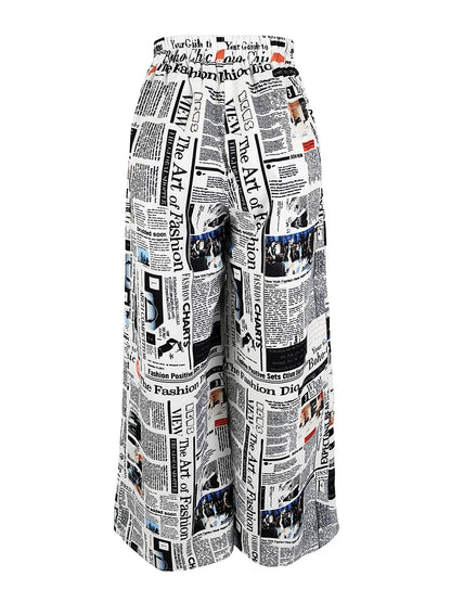 Women Vintage Newspaper Print Wide Leg Pants High Waist Lace Up Loose Casual Trousers Fashion Streetwear Baggy Pants Female