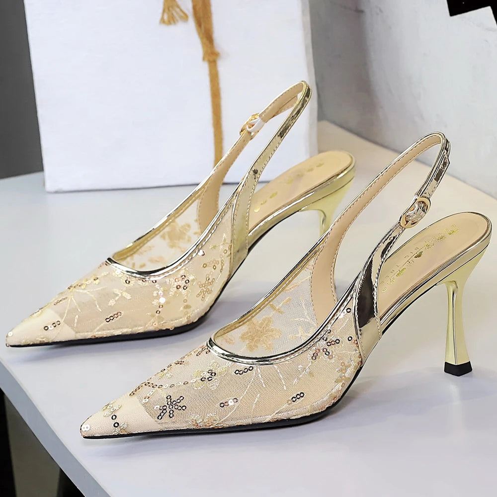 Luxury Women 8 Cm Heels Sandals Women Pumps Lace Mesh High Heels Sequin Stiletto Sexy Party Shoes Summer Ladies Sandals Fashion