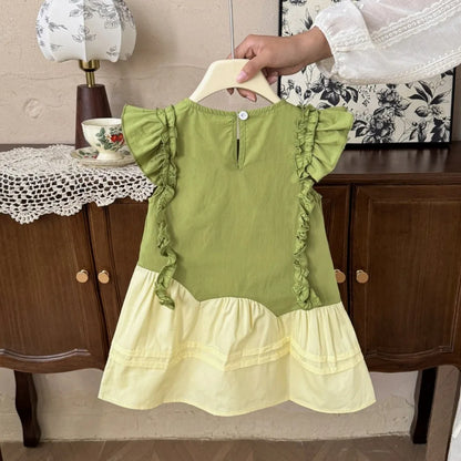Summer Girls Fashion Sleeveless Cute Flower Decoration Sweet Ruffled Princess Dress 1 Pc 2-7 Years Kids Daily Casual Clothes