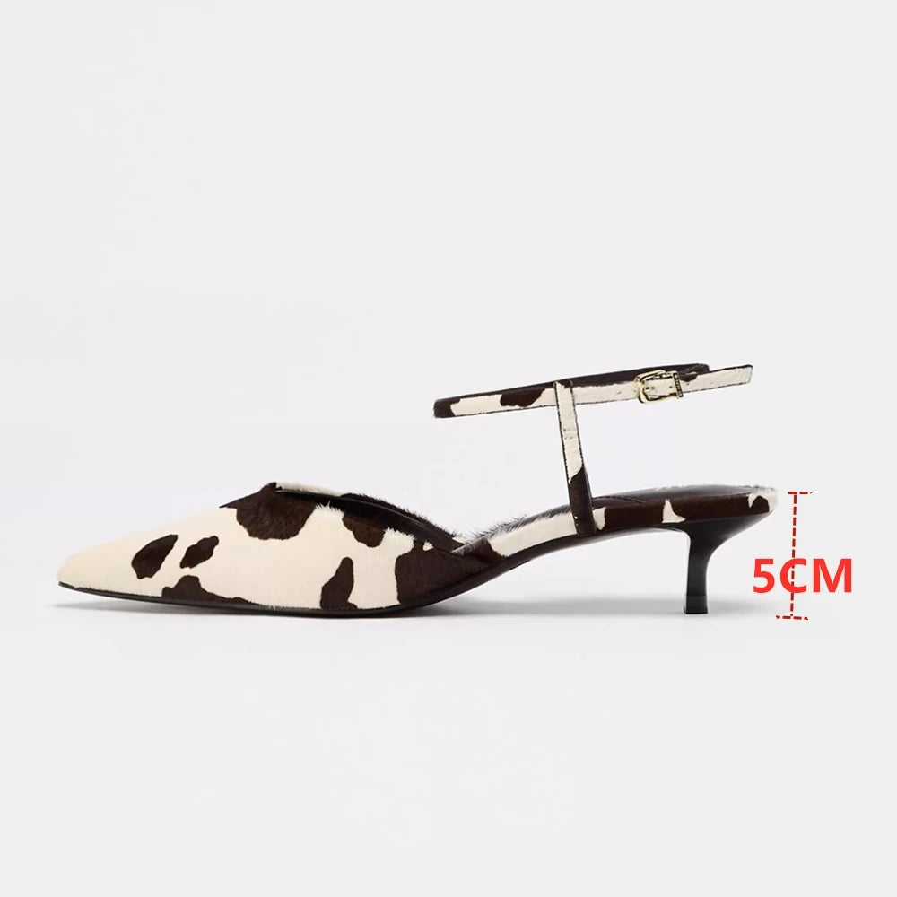 Summer Sandals Women Genuine Leather Women Mid Heels Horse Leather Leopard Print Large Size Pointed Toe Women Sandals