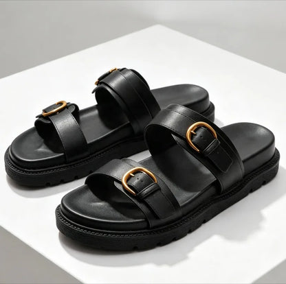 Fashion Open Toe Buckle Platform Sandal Round Toe Narrow Band Flat Sandals Women Summer Non-slip Comfortable Vacation Beach Shoe