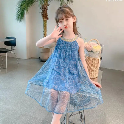 2026 Summer Kids girls chiffon mesh lace Tulle chemise Dresses Formal Princess Children braces skirt 4 5 6 7 8 10 11 12 13 Years