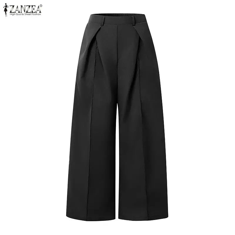 2026 ZANZEA Summer Causal Elastic Waist Baggy Trousers Fashion Women Loose Wide Leg Pants Elegant Solid OL Work Pantalon Street