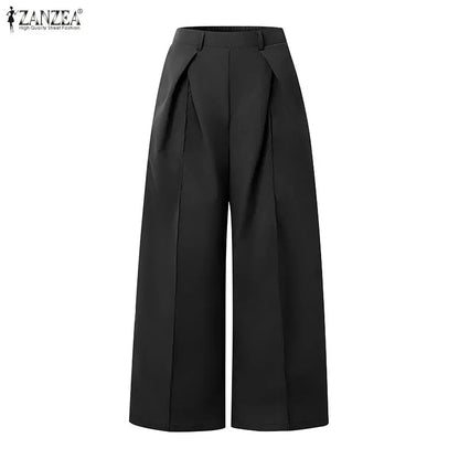 2026 ZANZEA Summer Causal Elastic Waist Baggy Trousers Fashion Women Loose Wide Leg Pants Elegant Solid OL Work Pantalon Street