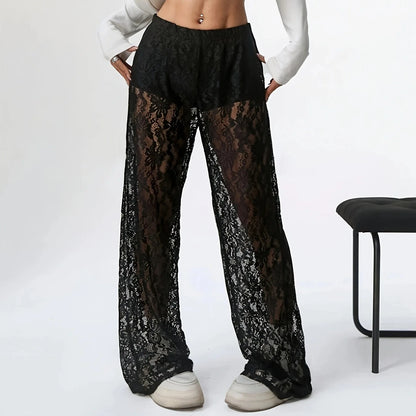 2025 New Fashionable and Sexy Versatile Waist Collection Lace Jacquard Micro Transparent Straight Leg Casual Pants Long Pants