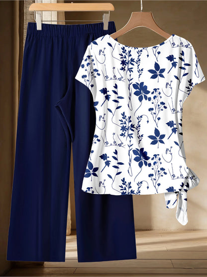 Summer Comfortable and Casual Women's Plus Size White Plant Pattern Twisted Top, Navy Blue Wide Leg Pants Set, Two-Piece Set