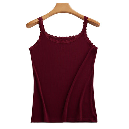Summer Knitted Ribbed Camisole for Women with Lace Trim, Slim Fit, Suitable for Outerwear or as a Base Layer