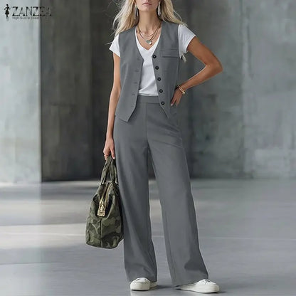 2026 ZANZEA Summer 2 Pieces Sets Women Outfits Tracksuit Elegant Sleeveless Vest Tops Trousers Suits Fashion OL Work Pants Sets