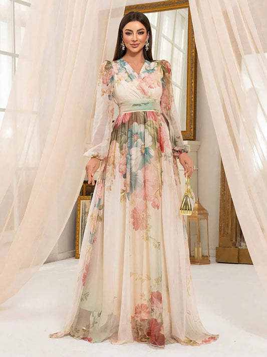 TOLEEN 2025 New Women's Cross Fashion Casual V-Neck Lantern Sleeve Random Flower Print Formal Elegant Party Long Maxi Dresses