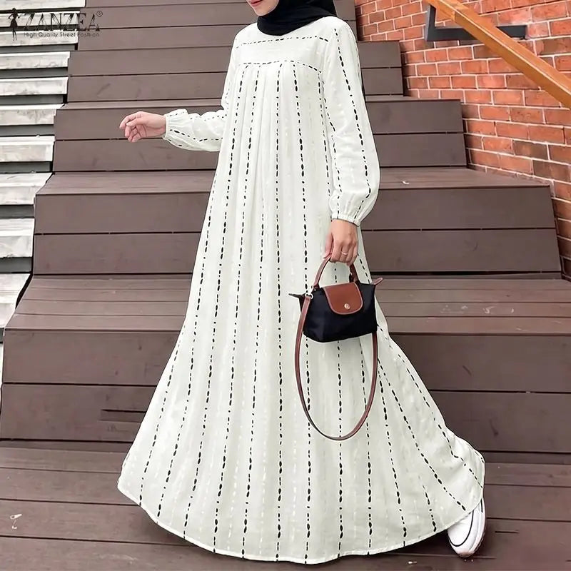 ZANZEA Fashion Muslim Abaya Robe Women Maxi Long Dress Dubai Hijab Sundress Casual O Neck Long Sleeve Loose Ramadan Dress Kaftan