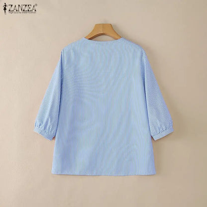 ZANZEA Woman Minimalist Striped Blouses Casual V-Neck 3/4 Puff Sleeve High-Low Tops Spring Summer Day Wear Blusas de Mujer