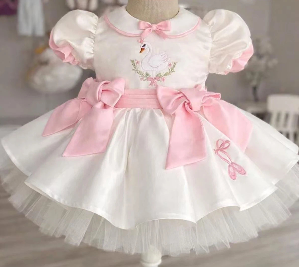 Summer Girl Elegant Swan Pink Bow Embroidery Pink Bow White Dress for Casual Party Birthday Wedding Photography  B621