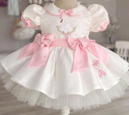 Summer Girl Elegant Swan Pink Bow Embroidery Pink Bow White Dress for Casual Party Birthday Wedding Photography  B621