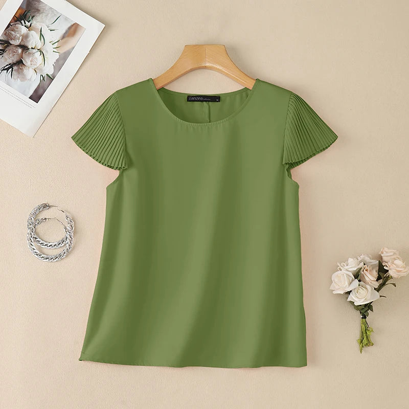 ZANZEA Woman Daily Casual Blouses Pleated Cap Sleeves Round Neck Solid Color Regular Fit Tops 2026 Summer Commute Work Blusas