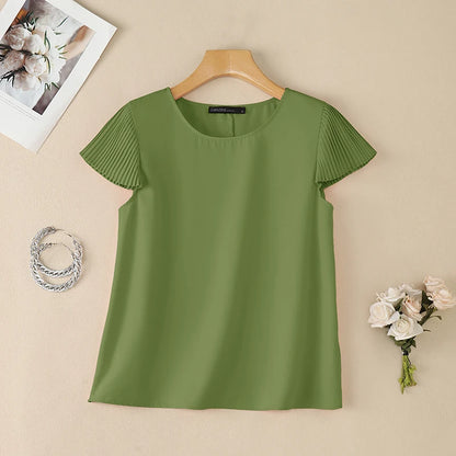 ZANZEA Woman Daily Casual Blouses Pleated Cap Sleeves Round Neck Solid Color Regular Fit Tops 2026 Summer Commute Work Blusas