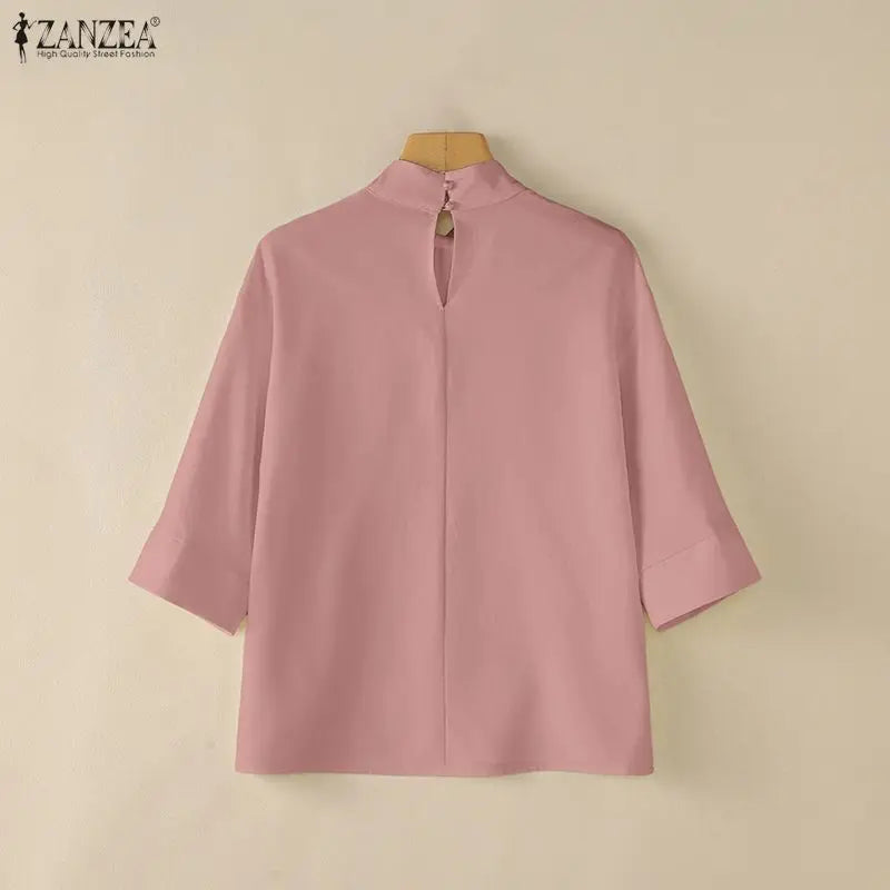 ZANZEA Woman Plus Size Blouses Casual Mock Neck 3/4 Sleeve Loose Solid Shirts Autumn 2026 Vintage Daily Wear Blusas Mujer 5XL