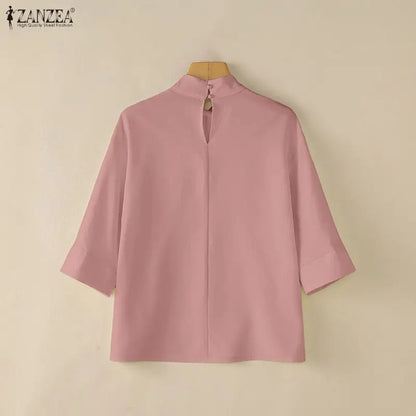 ZANZEA Woman Plus Size Blouses Casual Mock Neck 3/4 Sleeve Loose Solid Shirts Autumn 2026 Vintage Daily Wear Blusas Mujer 5XL