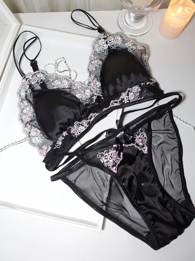 MOYISU Girls French Bra Thin Triangle Cup Purple Embroidery Light Luxury Silk Sexy Pure Desire Lace Underwear Set