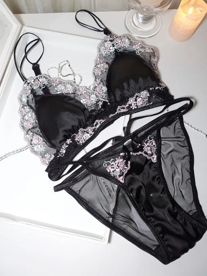 MOYISU Girls French Bra Thin Triangle Cup Purple Embroidery Light Luxury Silk Sexy Pure Desire Lace Underwear Set