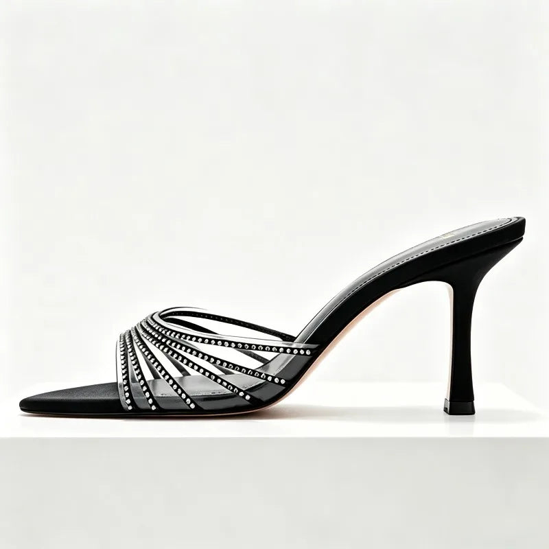 Sexy Pointed Peep Toe Heeled Sandals Women Luxury Rhinestone Detail Stiletto Heel Slippers for Ladies Summer Elegant High Heels