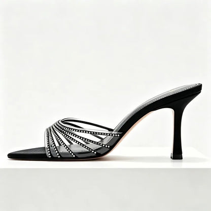 Sexy Pointed Peep Toe Heeled Sandals Women Luxury Rhinestone Detail Stiletto Heel Slippers for Ladies Summer Elegant High Heels