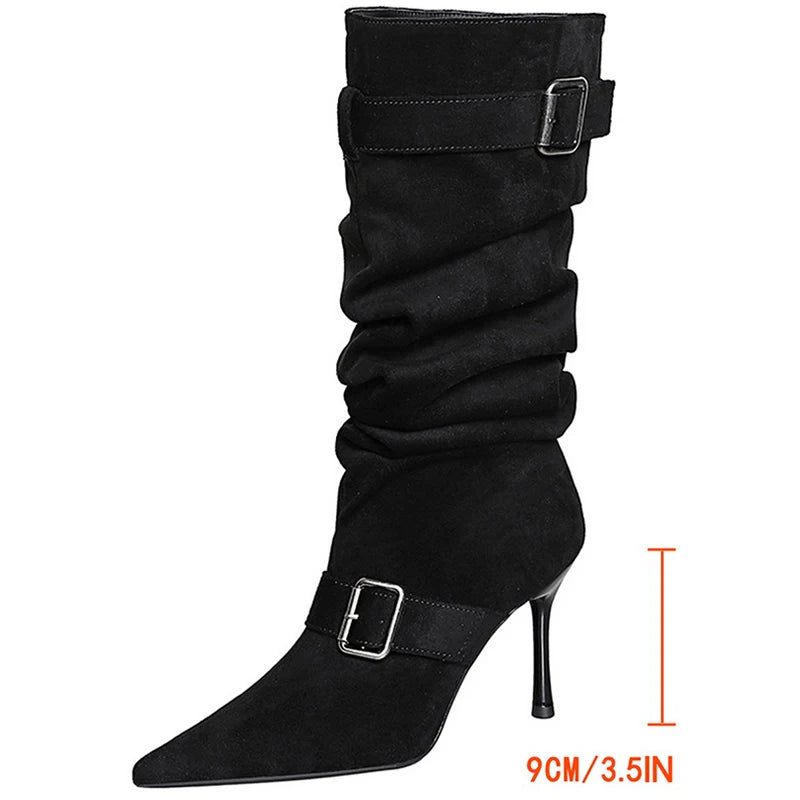 BIGTREE Shoes 2026 Pointed Women Mid-Calf Boots Pleated Belt Buckle Design Women Boots Stiletto Heels 9 cm Sexy High-heeled Boot