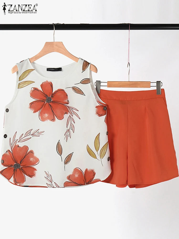 2024 ZANZEA Summer Short Sets Floral Printed Sleeveless Tanks Tops Pant Sets 2PCS Holiday Beach Outfits Women Bohemain Tracksuit