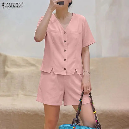 Summer Elegant V Neck Short Sleeve Blouse Short Sets ZANZEA Stylish Women 2 Pieces Sets Casual Solid OL Work Outfits Tracksuit