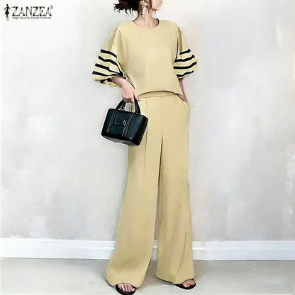 2026 ZANZEA Summer Wide Leg Pant Sets Fashion Women Outfits 3/4 Sleeve Blouse Trousers Striped OL Work Tracksuit 2 Pieces Sets