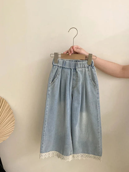 Girls' Summer New Korean Style Hollow Out Lace Trim Tank Top Solid Color Short Sleeve Casual Denim Three-Piece Set