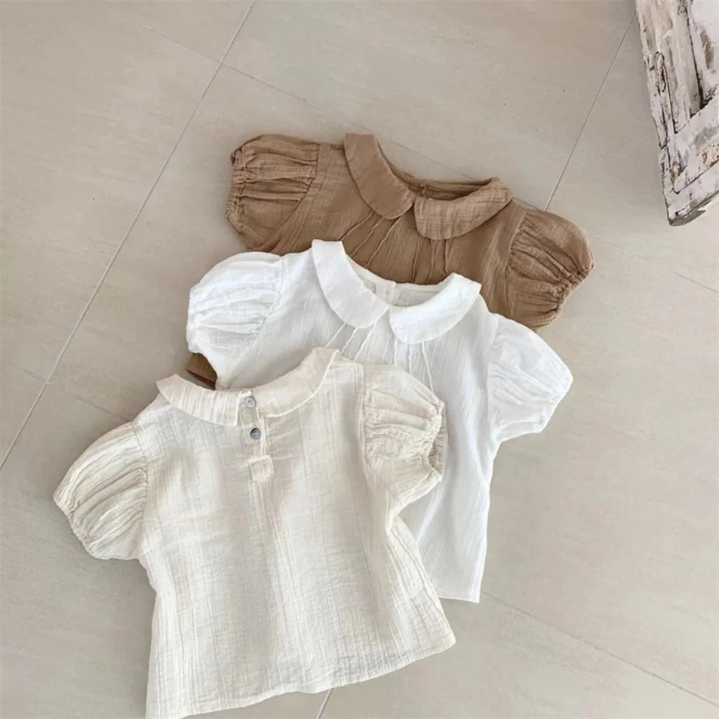 2025 Summer New Baby Girl Solid Puff Sleeve Shirts Cotton Infant Short Sleeve T Shirts Toddler Casual Lapel Shirts Kids Clothes