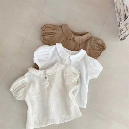 2025 Summer New Baby Girl Solid Puff Sleeve Shirts Cotton Infant Short Sleeve T Shirts Toddler Casual Lapel Shirts Kids Clothes