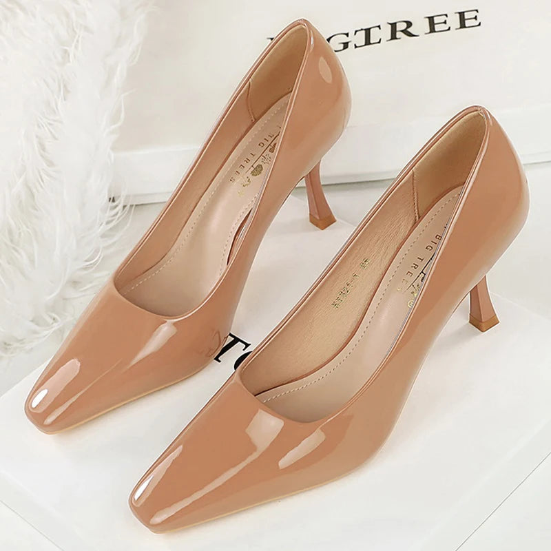 Fashion Women 7.5 cm Heels Patent Leather Women Pumps Square Head Kitten Heels Stiletto Elegant Banquet Shoes Sexy Party Shoes