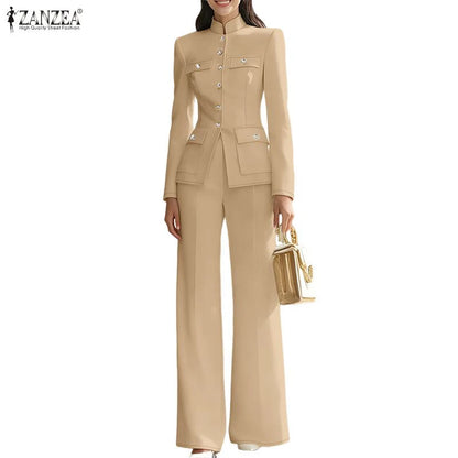 ZANZEA Women's Elegant Pant Suits Vintage Stand Collar Long Sleeve Top & Casual Pant 2 Pieces Sets Commuting Work Wear Outfits