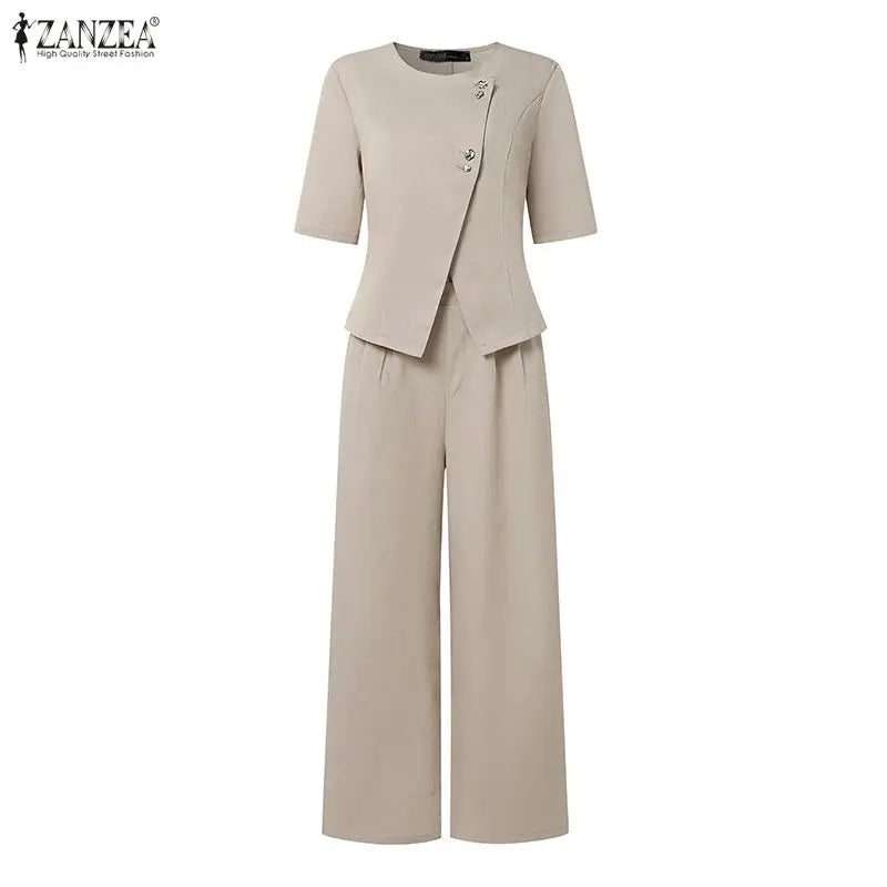 ZANZEA Women's Casual Pant Sets Wide Leg Pant & Short Sleeve Asymmetric Placket Tops 2 Pieces Sets Commute Pant Suits Outfits