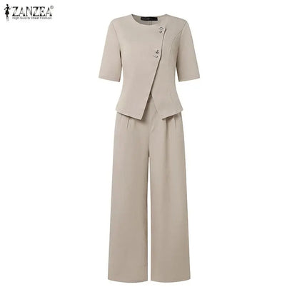 ZANZEA Women's Casual Pant Sets Wide Leg Pant & Short Sleeve Asymmetric Placket Tops 2 Pieces Sets Commute Pant Suits Outfits