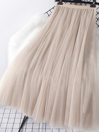 New Big Hem Long Tulle Skirt Women Korean Casual Simple Solid 3 Layers A Line High Waist Maxi Skirt Female Lady Purple